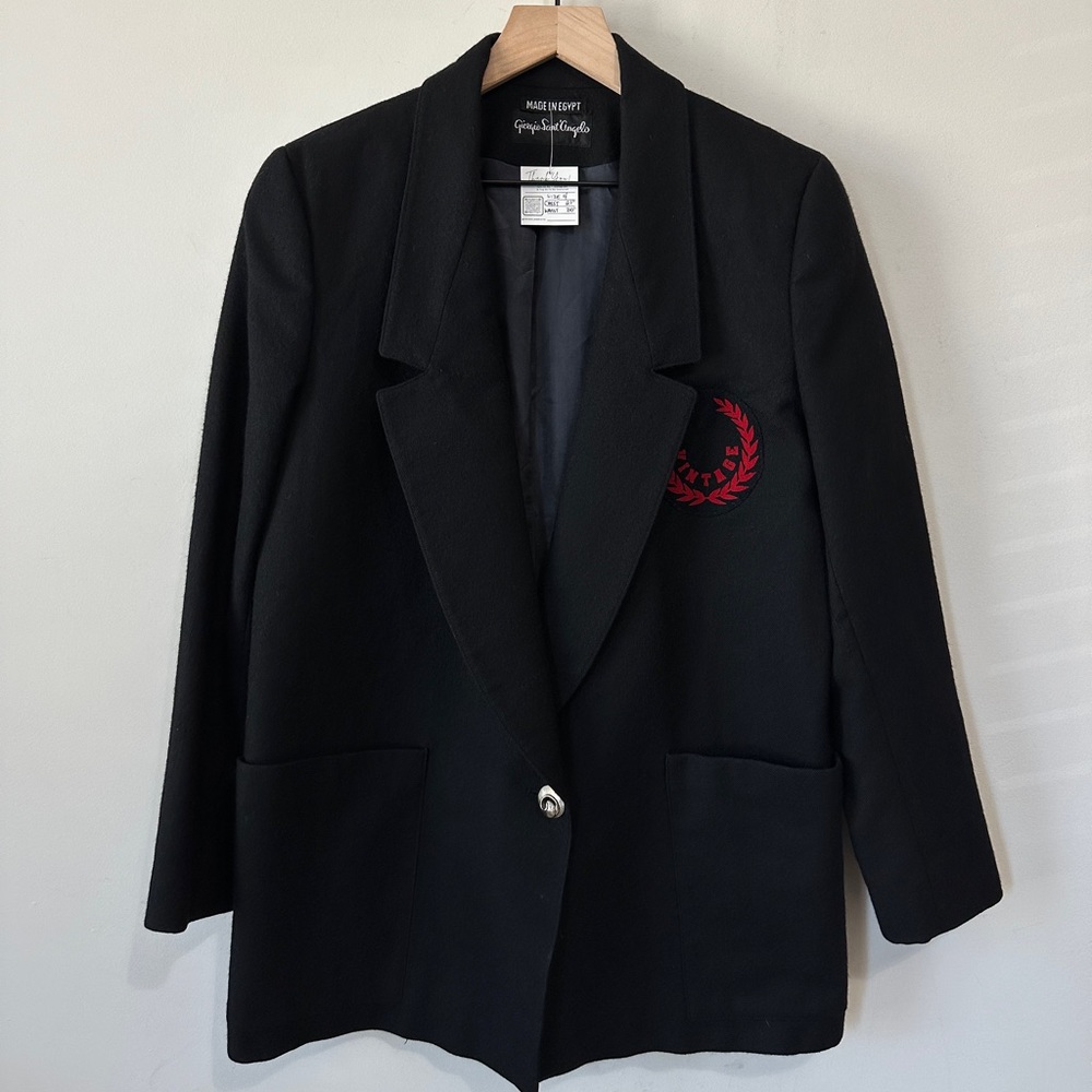Reworked Vintage Oversized Black Blazer With Red Vintage Crest Patch Size 4